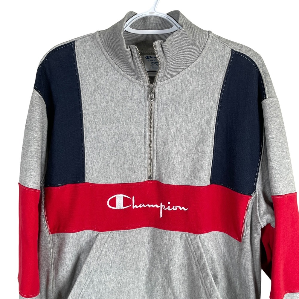 Champion Y2K Reverse Weave 1/4 Zip Sweatshirt Mens M Pullover Pockets Gray